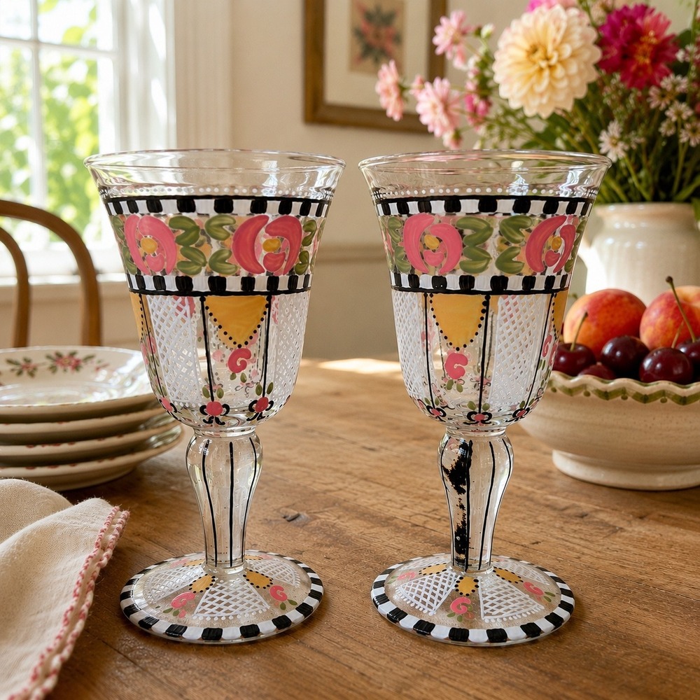 Vintage Mary Engelbreit Hand Painted Wine Goblets Pair Colorful Floral Glasses
